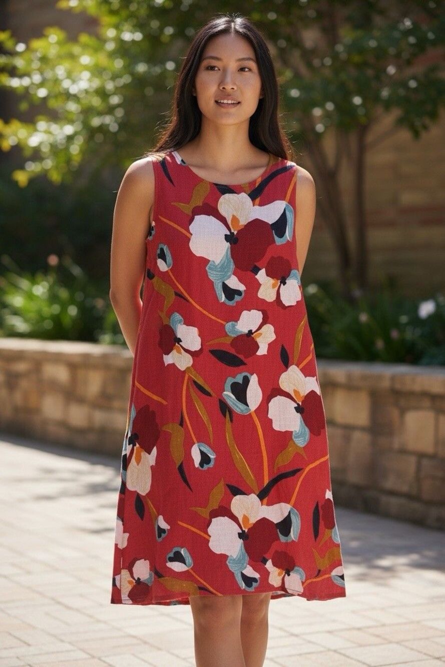 NWT Sigrid Olsen Red Floral Sleeveless Dress 100% Linen Shift Pockets Size S